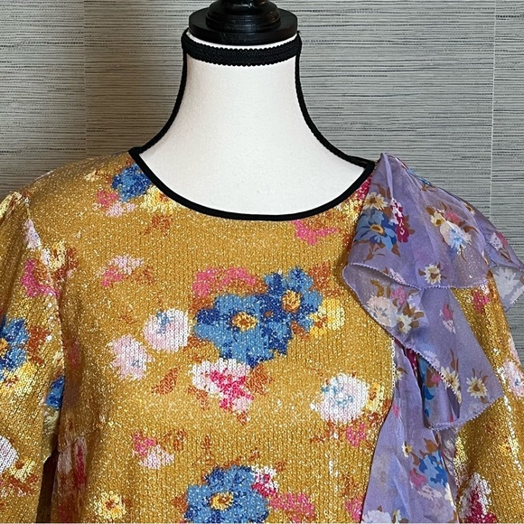 Manoush Floral Burst Sequin Dress EU 38 UK 10 US 6 Yellow Ruffle Tee Shift NWT - Picture 5 of 12